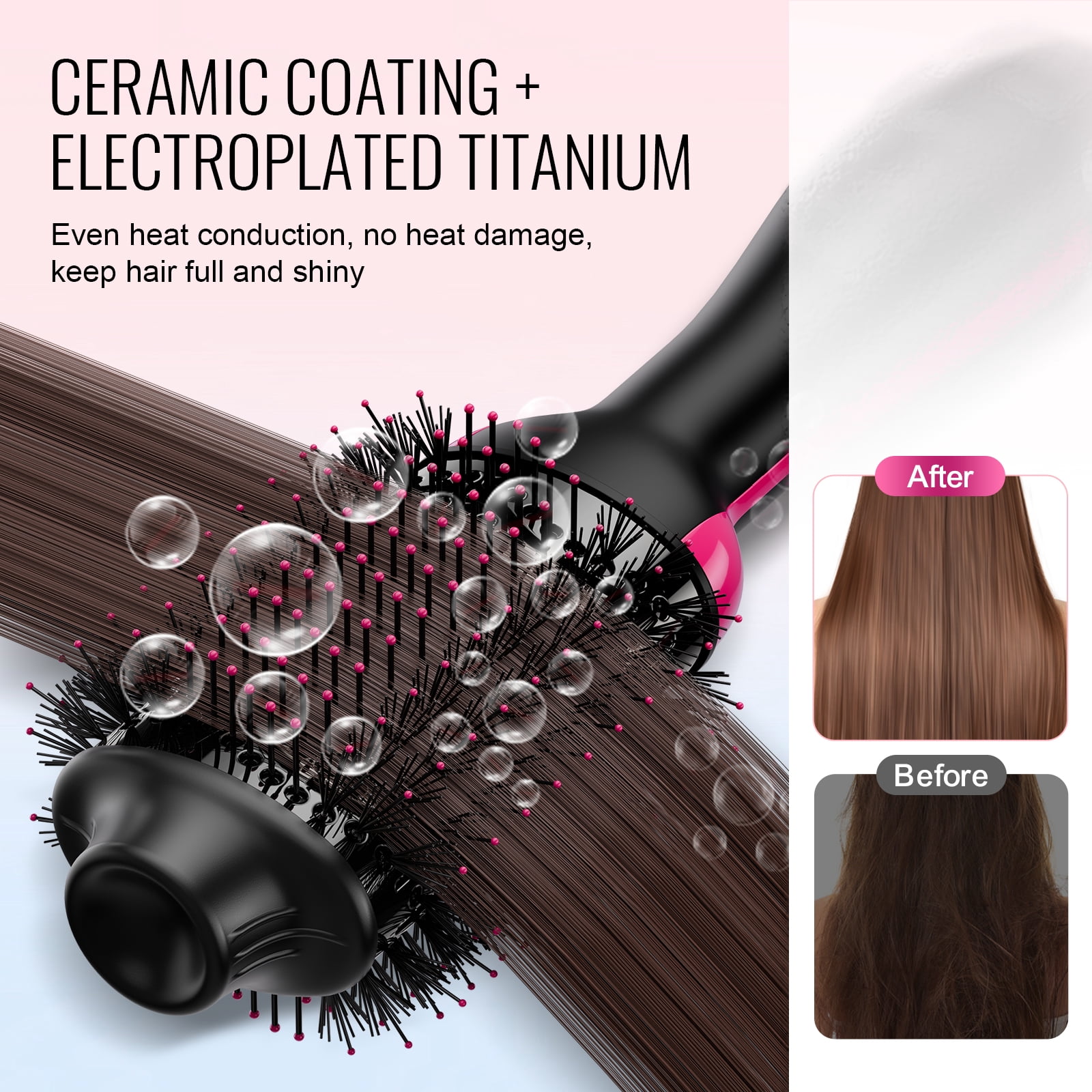 KFFKFF Hair Styling Blow Dryer Brush, 4-in-1 Ionic Hair Enhancer with Electroplated Titanium & 2.95" Ceramic Coated Oval Barrel, Dual Voltage 110V/240V Heat Styling Brush for Home, Salon, and Travel