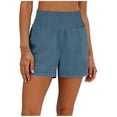 thumbnail image 7 of oelaio Summer Shorts for Women Smocked Elastic Waist Wide Leg Shorts Cotton Linen Lounge Beach Shorts with Pockets Light Blue S, 7 of 7