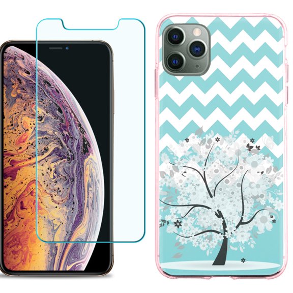 For Apple iPhone 11 Pro Max Phone Case , Slim-Fit TPU Case with Tempered Glass Screen Protector, by OneToughShield ® - Chevron/Teal/Tree