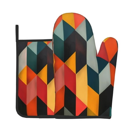 

KLL Geometric Cube Pattern Art Pattern Oven Mitts and Pot Holders 2pcs Sets for Kitchen Oven Mitt Heat Resistant 536°F Oven Gloves for Kitchen Cooking and Baking