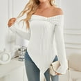 thumbnail image 2 of Womens Tshirts Long Sleeve Womens Tunic Tops Fall Elegant White Off The Shoulder Sweater Design Knitted Work Blouses Dressy Casual White S, 2 of 5