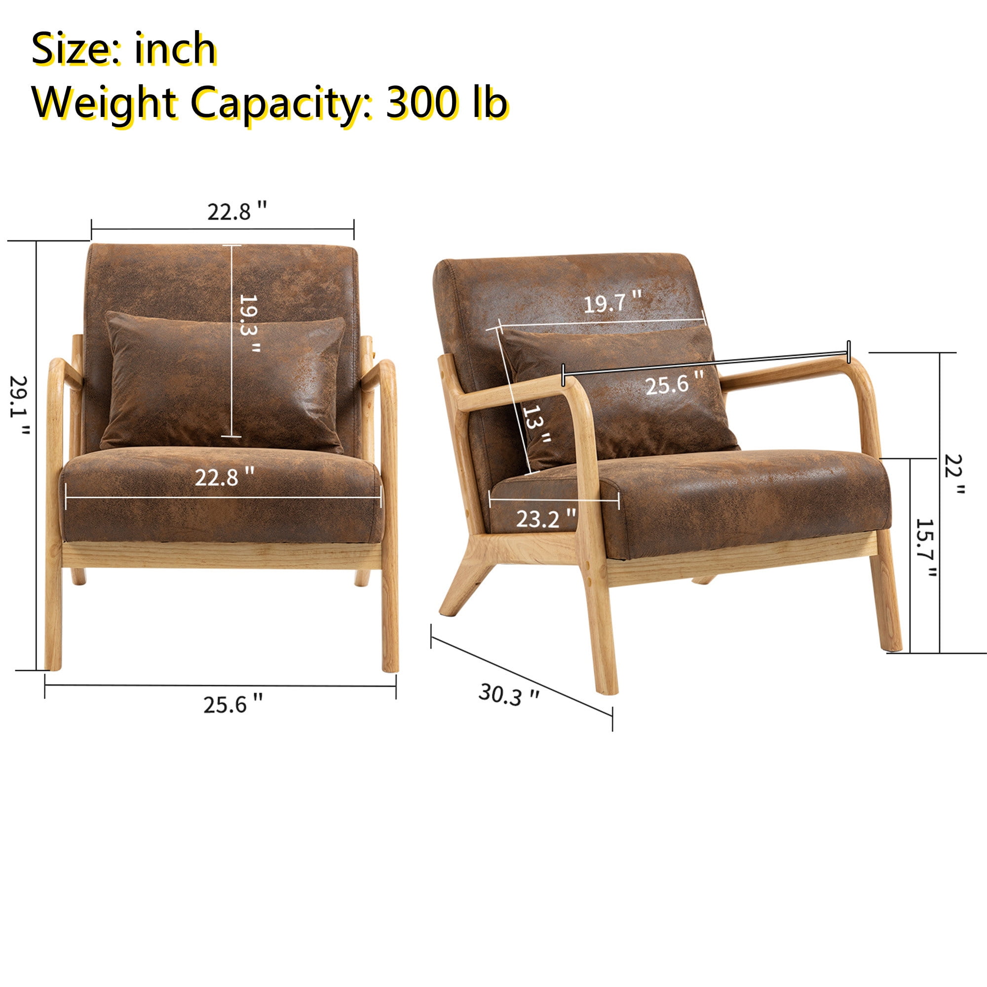 Aukfa Mid Century Modern Accent Chair w/ Lumbar Pillow for Living Room, Wood Frame, Leather, Brown
