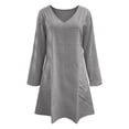 thumbnail image 3 of Women's Cotton Linen Dress V-Neck Solid-Color Casual Long-Sleeved Short Dress, 3 of 6