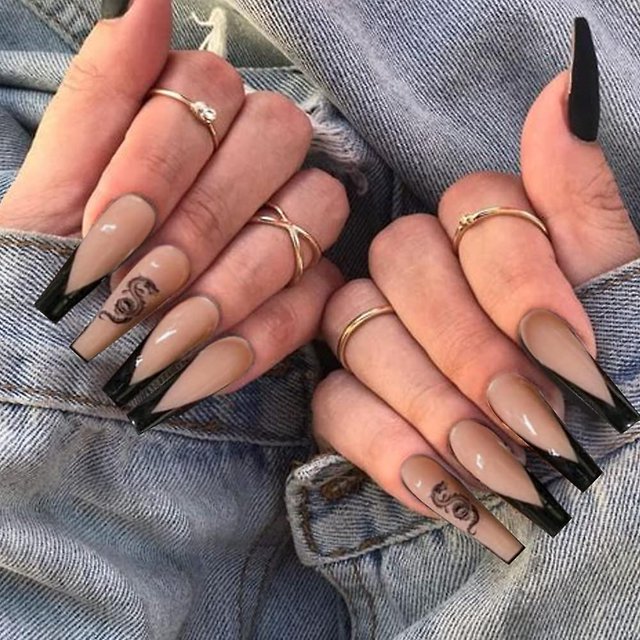 48 uñas postizas de prensa extralargas CHAO negro nude con patrón de dragón