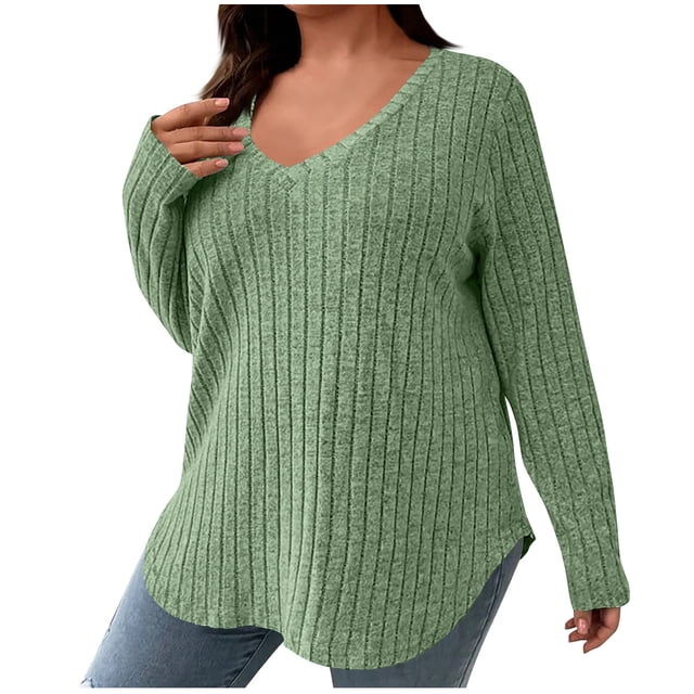 Timegard Womens Plus Size Tops Ribbed V-Neck Long Sleeve Knit Loose Pullover Sweater Casual Warm Top