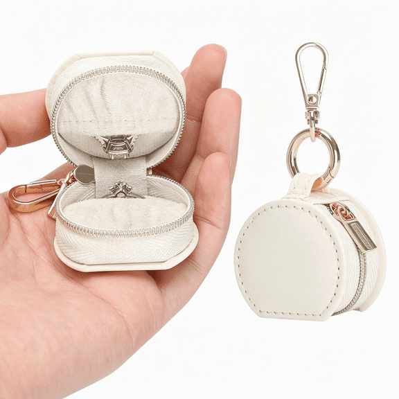 DESIGNICE Small Travel Ring Holder Box with Keychain (White) | Portable Gym Jewelry Storage Case, for Ring Earring Stud Necklace, Gift for Women Mini Travel Jewelry Case
