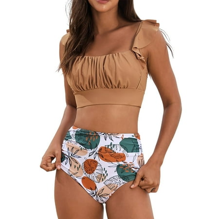 Divhosrg High Waisted Bathing Suit for Women Sexy  Bikini Sets for Women with Cover Up  Strapless Bathing Suits for Women  Women s Swimwear Bottoms  Khaki Swimsuits for Women Tummy Control XL