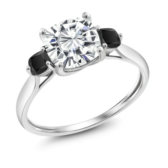 Gem Stone King 10K White Gold White Moissanite and Black Onyx 3 Stone Engagement Ring for Women (1.96 Cttw, Cushion 7MM, Gemstone Birthstone, Size 6)