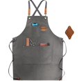 thumbnail image 2 of Delantales de chef para hombres y mujeres con bolsillos grandes, delantal de trabajo ajustable de lona de algodón con espalda cruzada (gris), 2 of 4