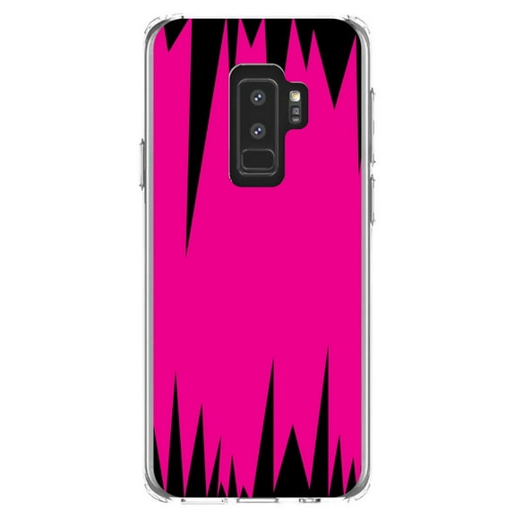DistinctInk Clear Shockproof Hybrid Case for Samsung Galaxy S9  PLUS (6.2" Screen) - TPU Bumper, Acrylic Back, Tempered Glass Screen Protector - Neon Pink Black Spikes