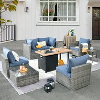 XIZZI Patio Conversation Set Wicker Rattan Outdoor Furniture Set with Swivel Rocking Chair and Fire Pit Table,Bright Blue