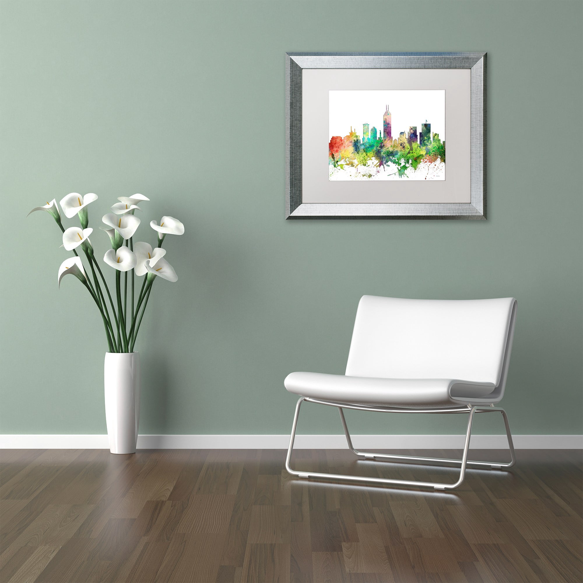 Trademark Fine Art "Indianapolis Indiana Skyline SP" Canvas Art by Marlene Watson, White Matte, Silver Frame