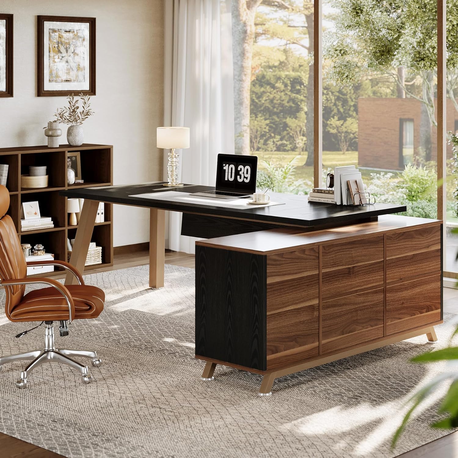 Tribesigns Large L-Shaped Desk, Modern Executive Office Desk with Drawers, 78.7 Inch Computer Desk with Cabinet for Home Office,Black & Walnut