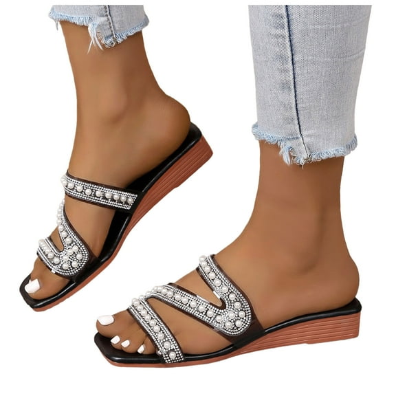 IUJSOY Mules Low Wedges for Women Square Open Toe Casual Slides Pearl Strappy Dress Pumps Shoes