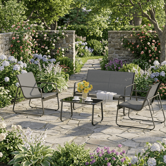 Aiho 4 Pieces Patio Furniture Set,Textilene Modern Conversation Set with Tea Table for Home,Lawn,Balcony, Bistro - Gray