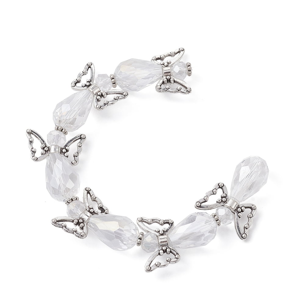 Angel Fairy Shape Electroplate Transparent Glass Beads Strands with Tibetan Style Alloy Wing Beads and Nylon Wire Clear 24x18x10mm Hole: 0.7mm about 6pcs/strand 5.63 inch(14.3cm)