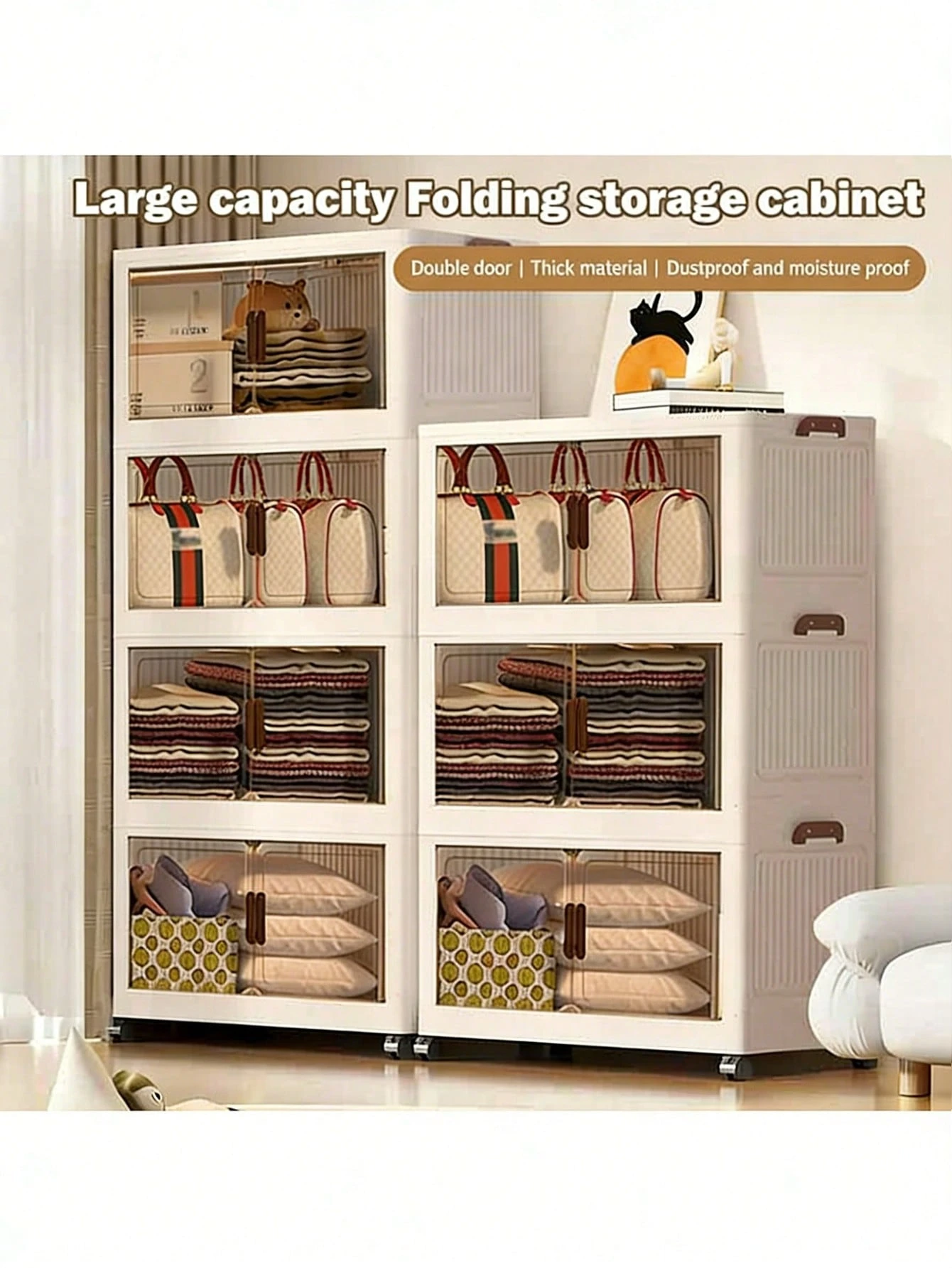 IRINNA Storage Bins with Lids - Folding Storage box with Doors and Wheels, Collapsible Plastic Storage Bins for Closets, Stackable Storage Organizer, Storage Containers for Closet