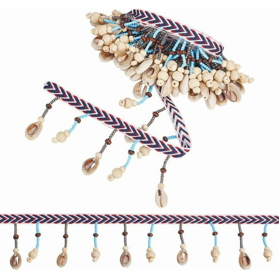 Shell Fringe Trim 2-1/4 Inch Wide Beaded Lace Trim Hanging Beads Ribbons Boho Tassel Ribbon Ethnic Style Lace Trimming for Sewing Costume Dress Curtain Home Decor DIY Craft 2 Yard