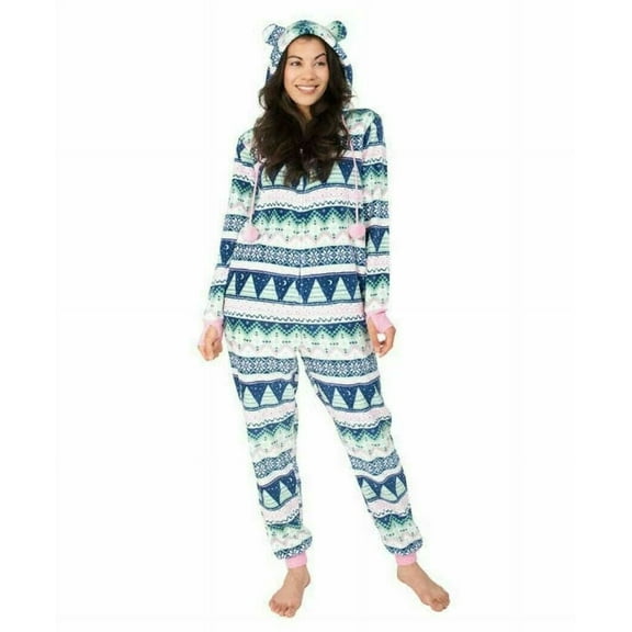 Munki Munki Ladies' Plush One Piece Pajama, Blue/Pink XS - NEW