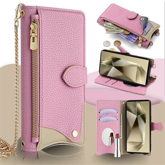 Allytechgroup Flip Wallet Phone Case for Moto G Power 5G 2024 with Credit Card Slot, Shoulder Strap PU Leather Zipper Wallet Phone Case Shockproof Full Body Cover for Women Girls, Pink