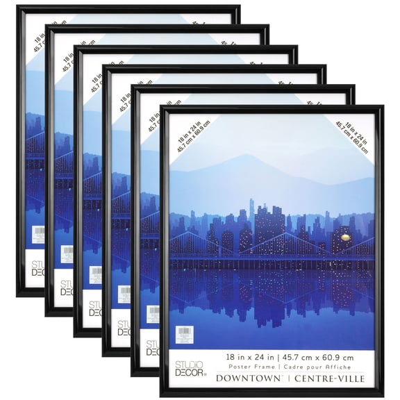 Studio Decor 18" x 24" Plastic Poster Frame - Includes Pre-attached Hanging Hardware, Horizontal or Vertical Display - Black, Bulk 6 Pack