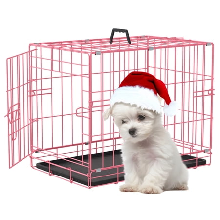 CL.HPAHKL 18 inch Small Dog Crate, Metal Wire Folding Dog Kennel Cage with Leak-Proof Pan, Portable Puppy Crate Cage for Small Dogs, Pink