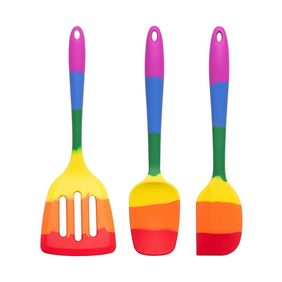 HIC Kitchen Rainbow Silicone Tools, Non-Stick and Heat-Safe, Includes Slotted Turner, Spoon-Shaped Spatula, and Scraper