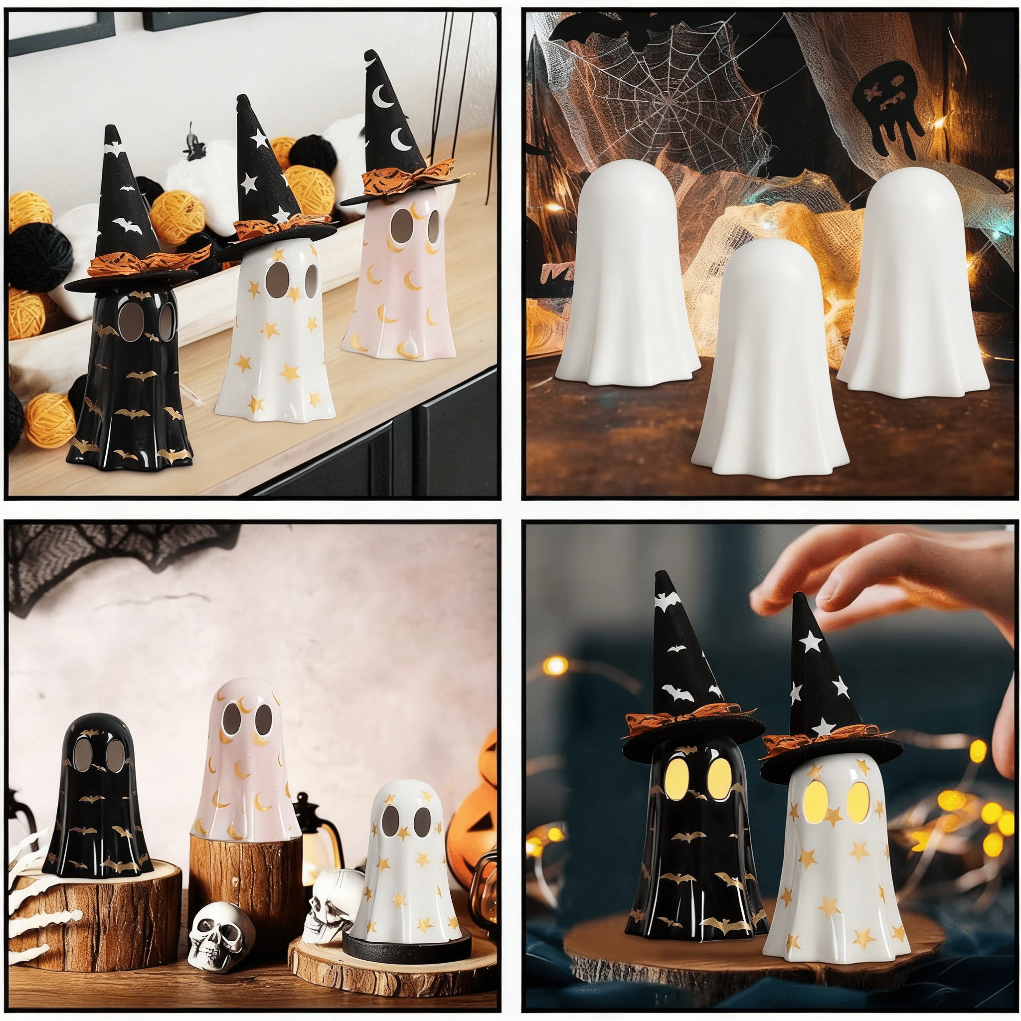 Set of 3 Ceramic Ghost Figurines with Witch Hats for Halloween Table Decor
