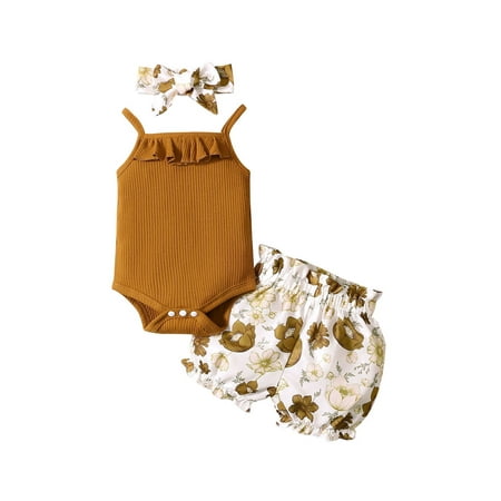 

Canrulo 3Pcs Newborn Baby Girls Summer Clothes Knitted Sleeveless Bodysuit+Flowers Shorts Outfits Khaki 6-9 Months