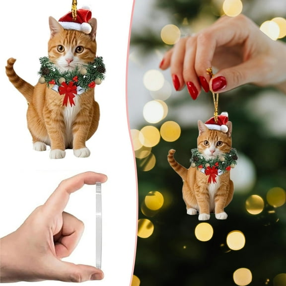 2Pcs Christmas Cat Ornament,Animal Cute Cat 2D Flat Acrylic Christmas Tree Ornaments with Rope,Cute Cat Christmas Hanging Pendant,Cat Lovers Gift for Car Home Holiday Christmas Party Decor,B*2