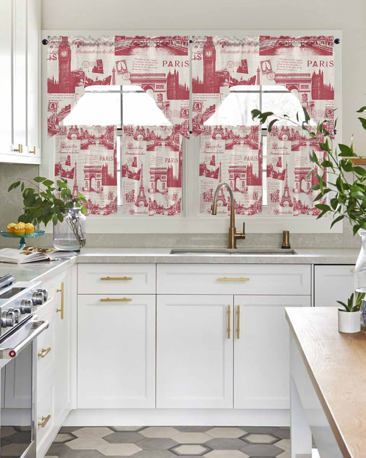 Vintage Art Swag Valance for Window, 3 Piece Red International Buildings Paris Towers Linen Light Filtering Swag Curtain Rod Pocket Kitchen Curtain Valance for Bedroom 3 Piece
