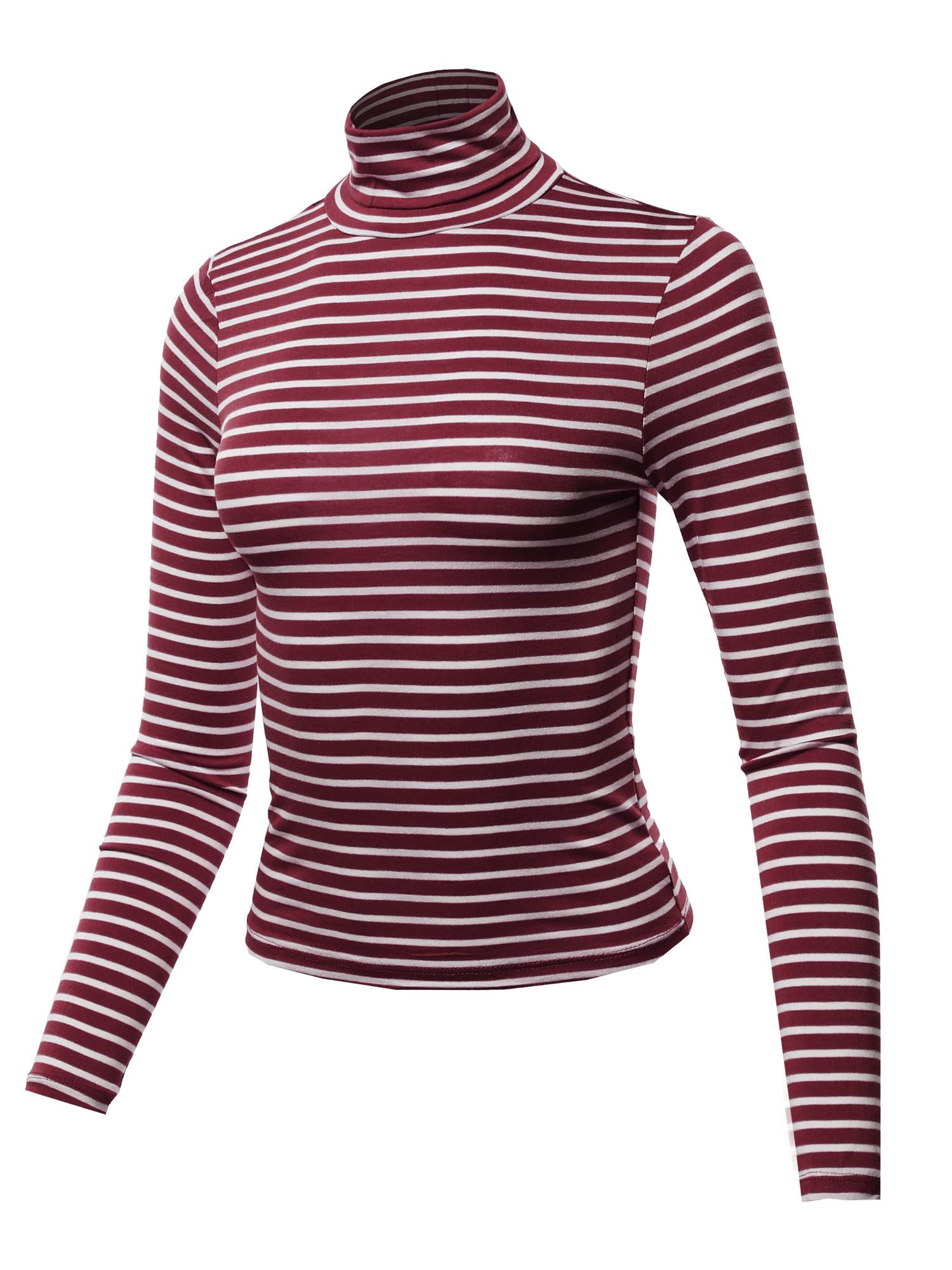 FashionOutfit Women's Casual Stretchable Stripe Turtle Neck Long Sleeve Top