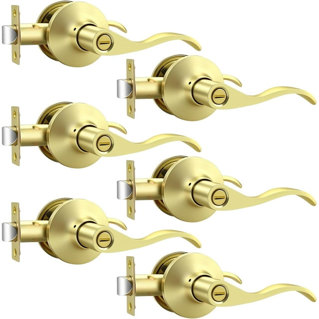 Poignées de Porte d'Intimité en Or Brossé pour Intérieur, Poignée de Porte Intérieure en Laiton Brossé Robuste avec Serrure, Style Ondulé, Sans Clé, Réversible pour Portes de Chambre et de Salle de Bain