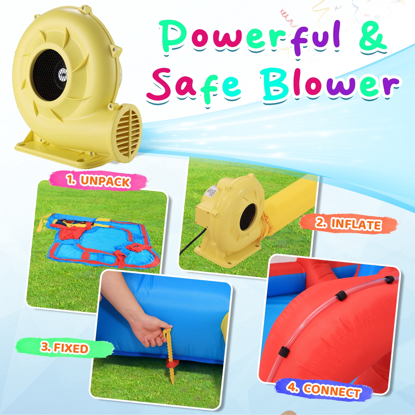 Funcid Bounce House 14.3x14.3FT, 10-in-1 Inflatable Obstacle Course, Jump Area, Ball Pit, Tunnel, Wet & Dry Use, With 520W Blower