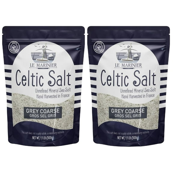 Le Marinier Celtic Salt Organic Grey Coarse, 1.1lb - 18oz Pack of 2. Mineral Rich Unrefined French Sea Salt 100% Natural, Hand Harvested (1.1lb Grey Coarse - Pack of 2)