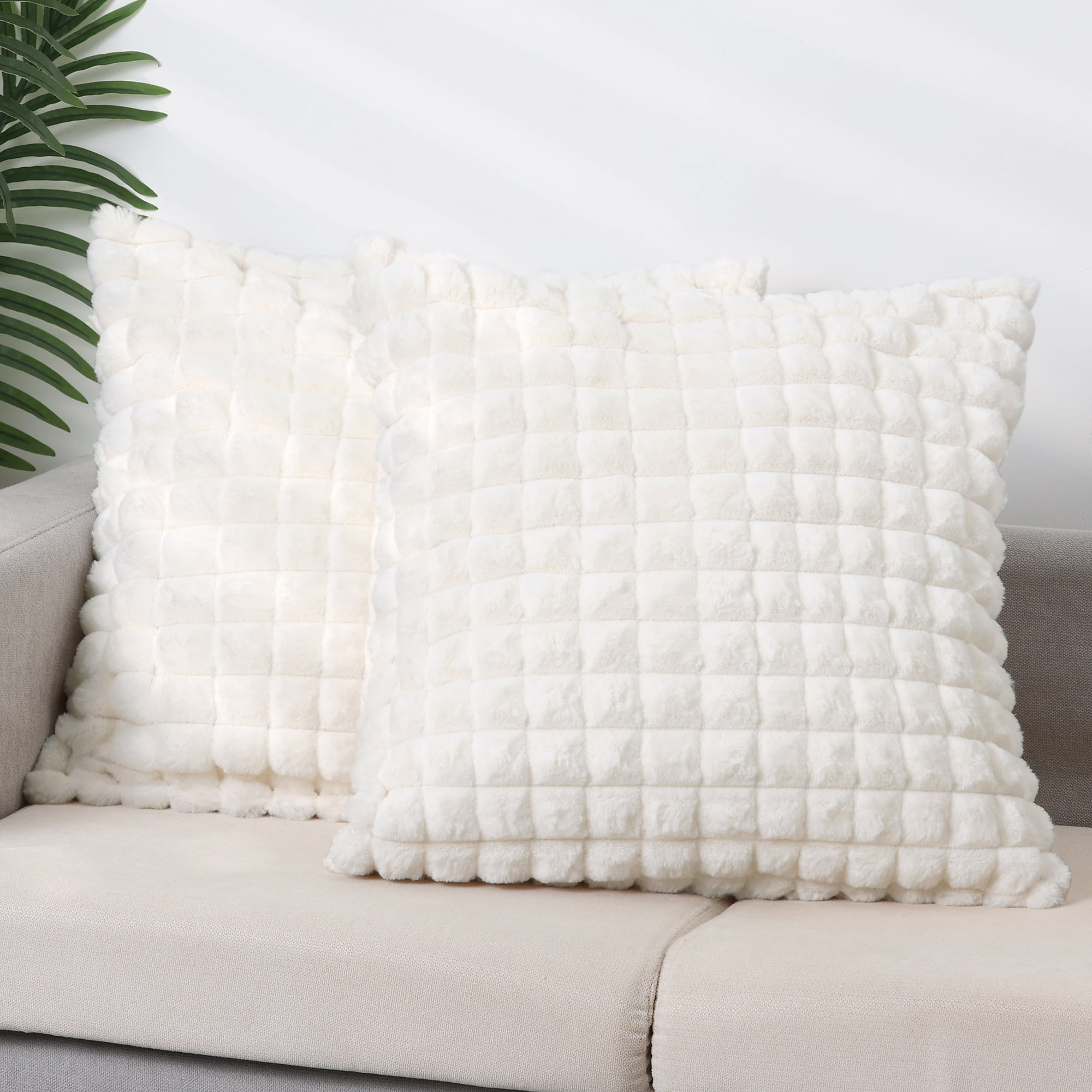 Unique Bargains 4 Pcs Checkered Faux Fur Plush Throw Pillow Covers Home Decor Pillowcases White 20" x 20"