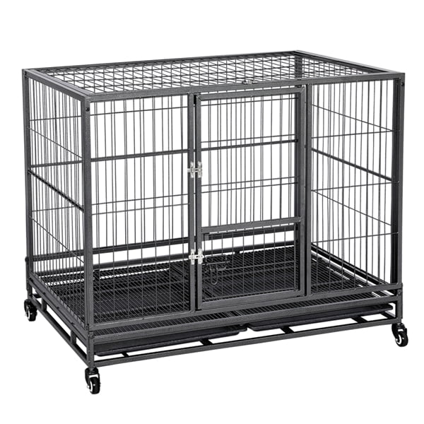 43'' Rolling Dog Crate Metal Large Dog Cage Kennel Feeding Door w/Tray