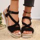thumbnail image 5 of Bmisegm Ladies Weave Open Toe Buckle Strap Flock Slope Heel Thick Soled Wedges Roman Sandals Womens Sandals Summer Black 9, 5 of 9