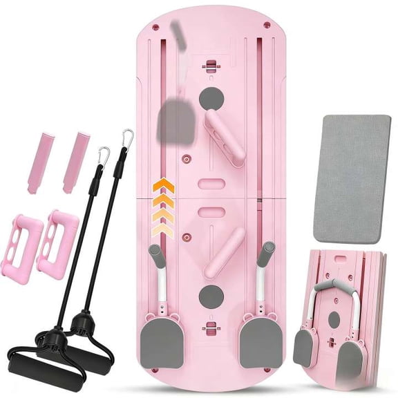 Compact Foldable Pilates Workout Machine, 8-in-1 Portable Home Pilates Reformer Kit for Female Fitness, Pink