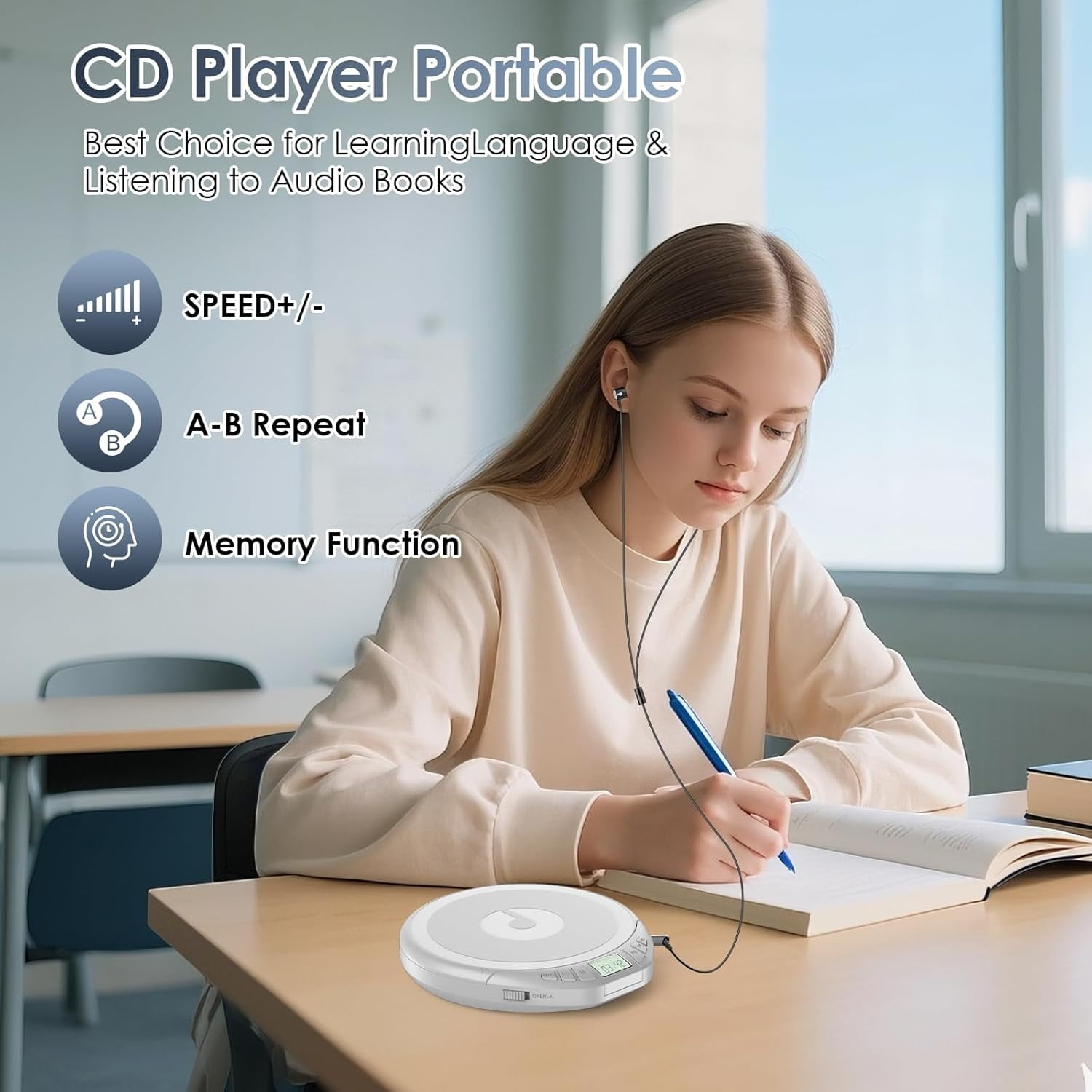 Gueray CD Player Portable CD Discman: with Earphones Portable CD Player for Car with Anti-Skip Shockproof Personal CD Player with LCD Display