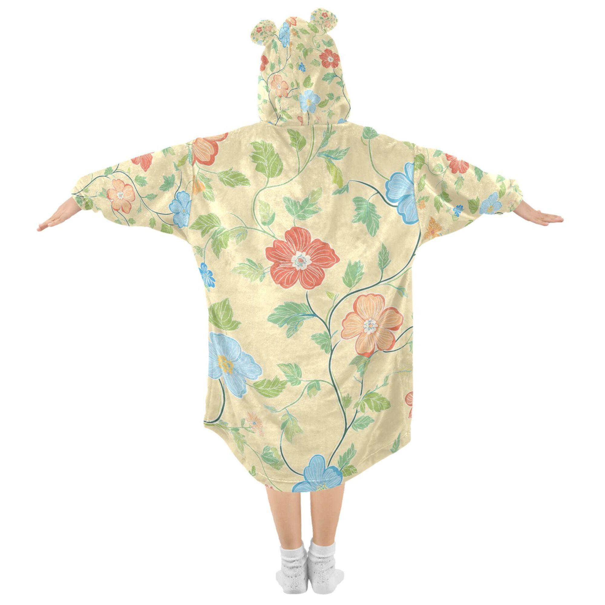 FORMRS Wearable Blanket Hoodie with Sleeves for Kids Cozy Flannel Sweatshirt, Colorful Flower