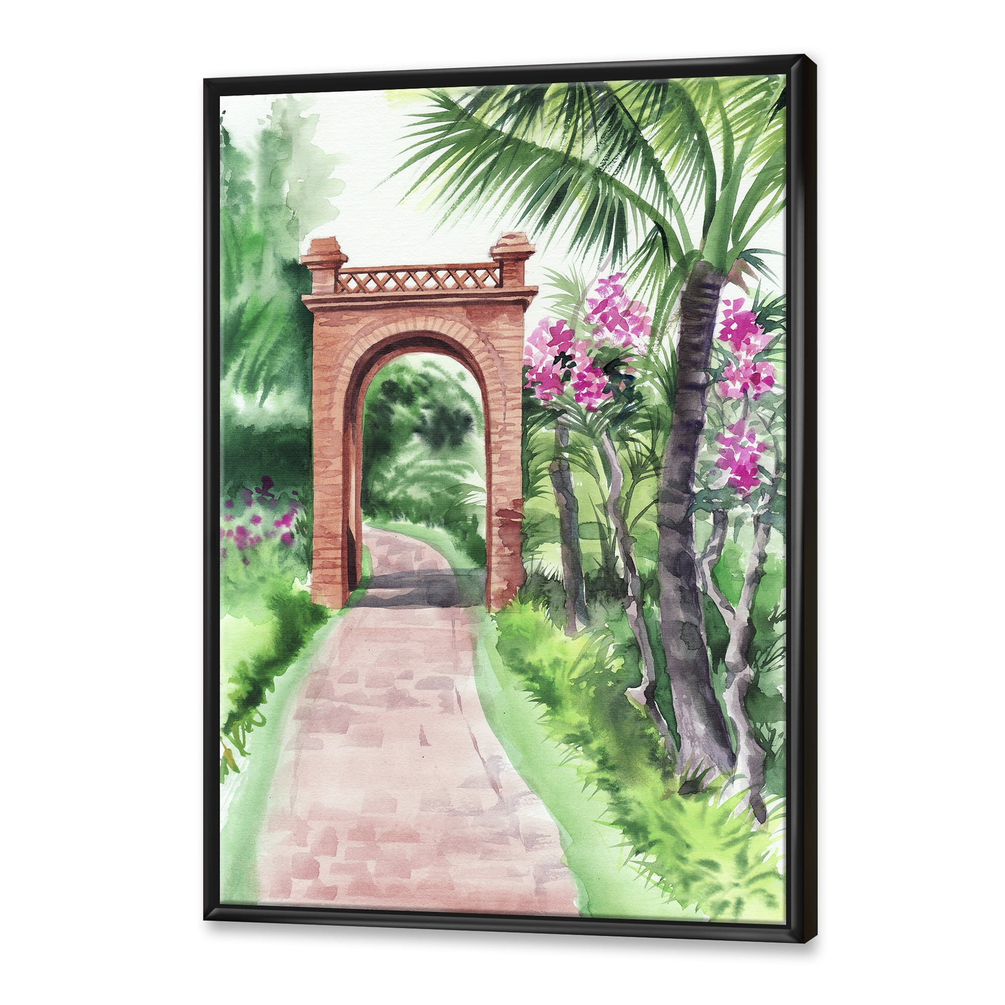Designart 'Traditional Gate On Path In Tropical Oasis' Tropical Framed Canvas Wall Art Print