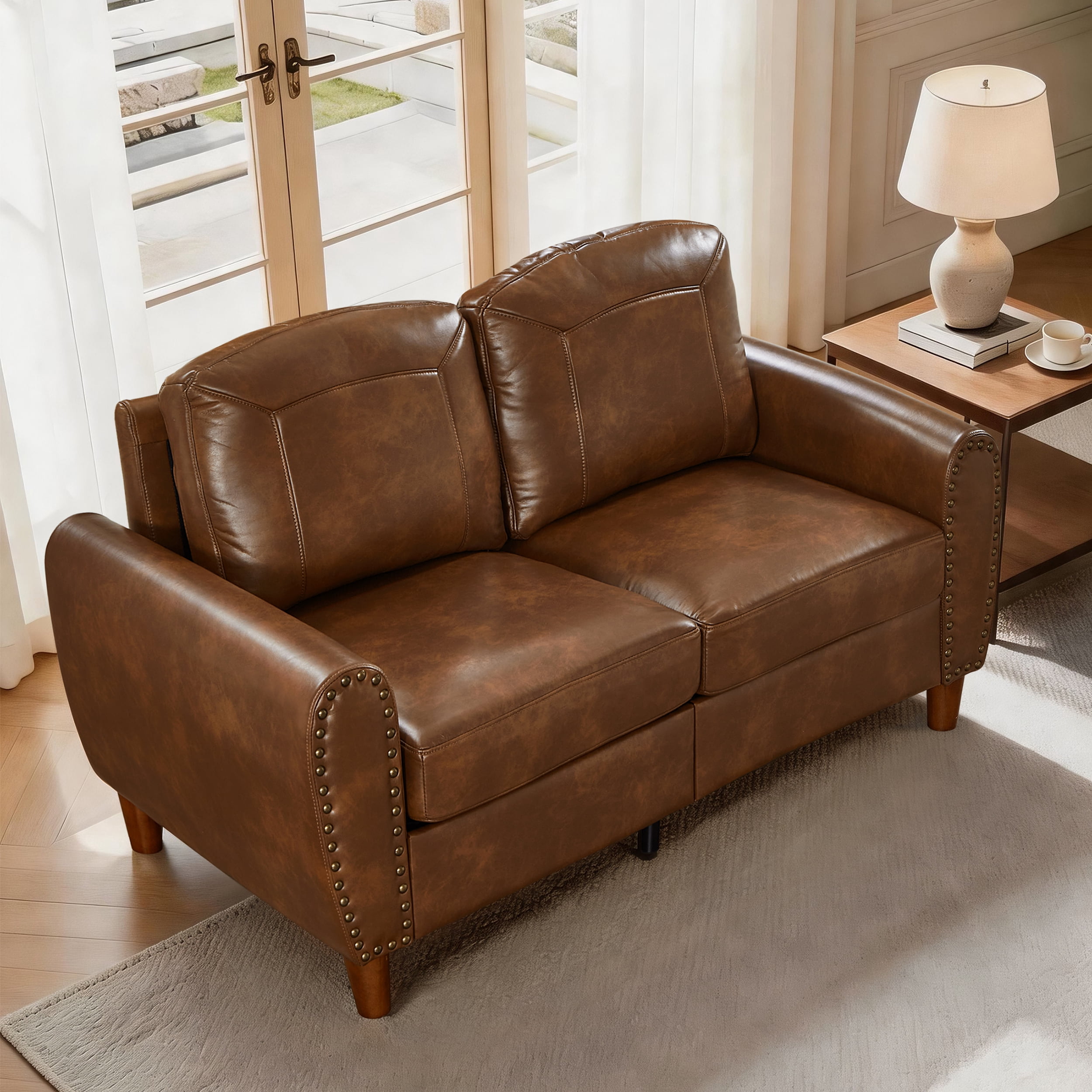 Mid-Century Modern Faux Leather Loveseat Sofa,59"W Classic Rolled Arm 2-Seater Sofa Couch with Brass Nailhead Trim & Solid Wood Legs,Apartment,Living Room Furniture,Brown