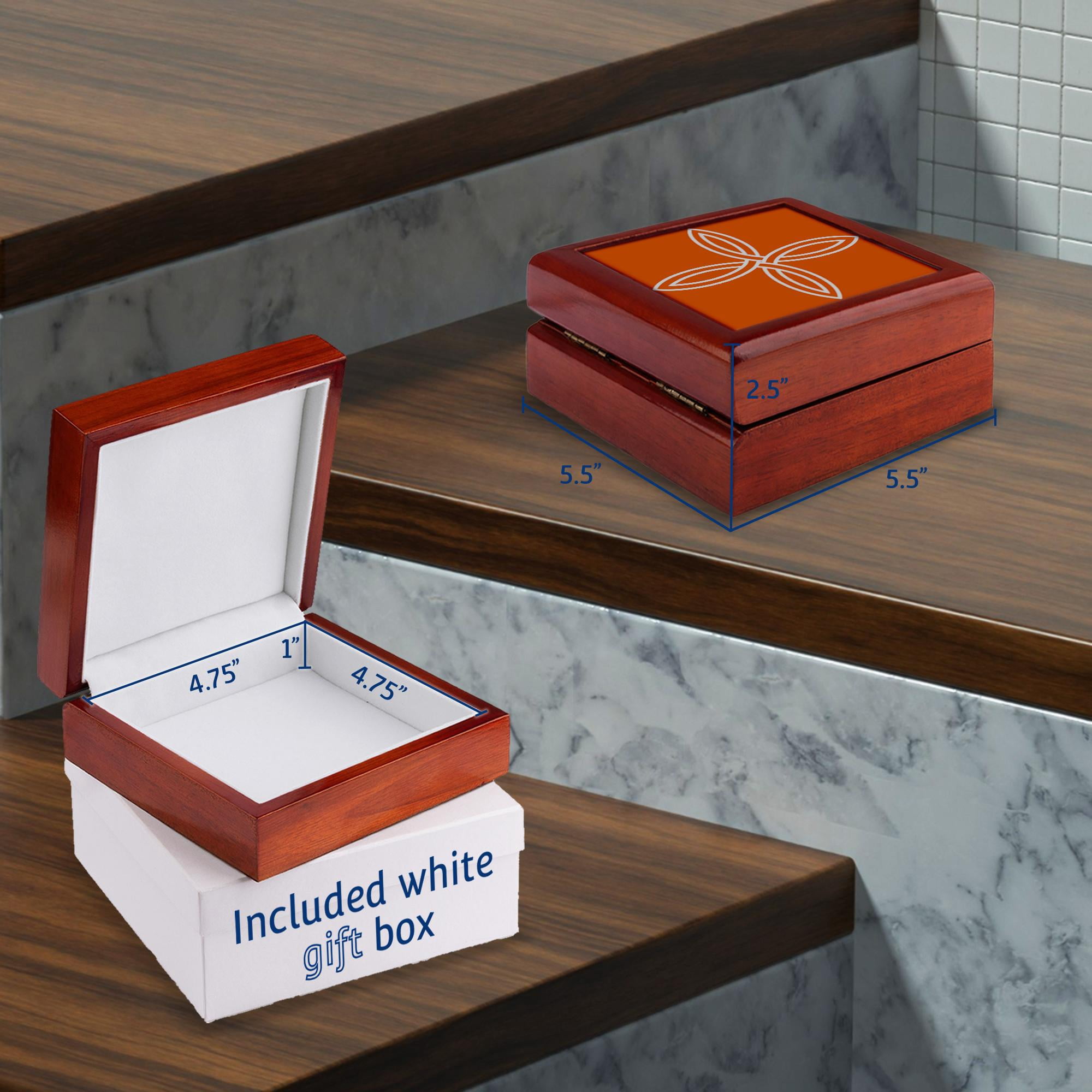 3dRose, White Celtic Design On A Tangerine Background, Jewelry Box 5.5x5.5 inch with 4 inch tile