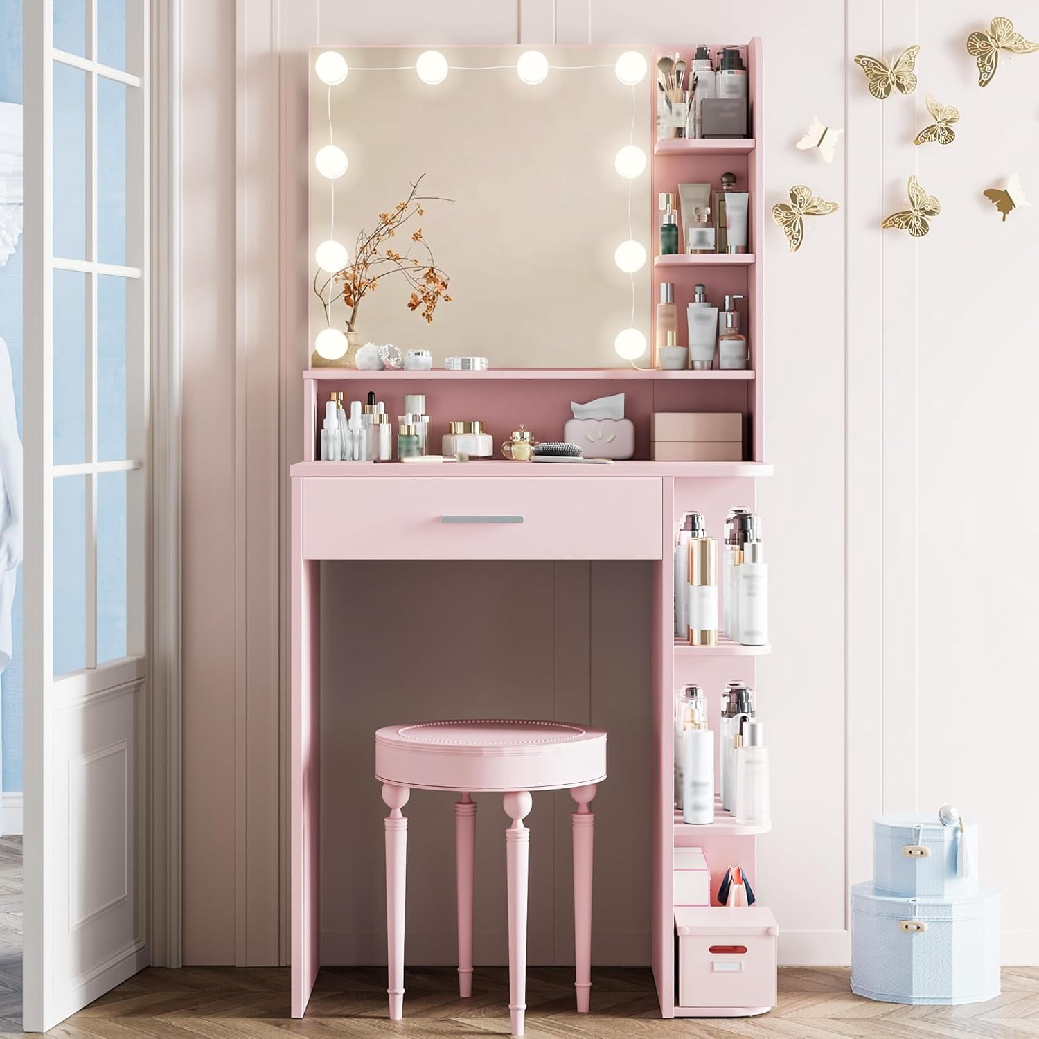 Vanity Desk with Mirror and Lights, Akaber 26.4" Makeup Vanity with Large Drawer, 6 Storage Levels, Small Pink Vanity Desk with Large LED Mirror