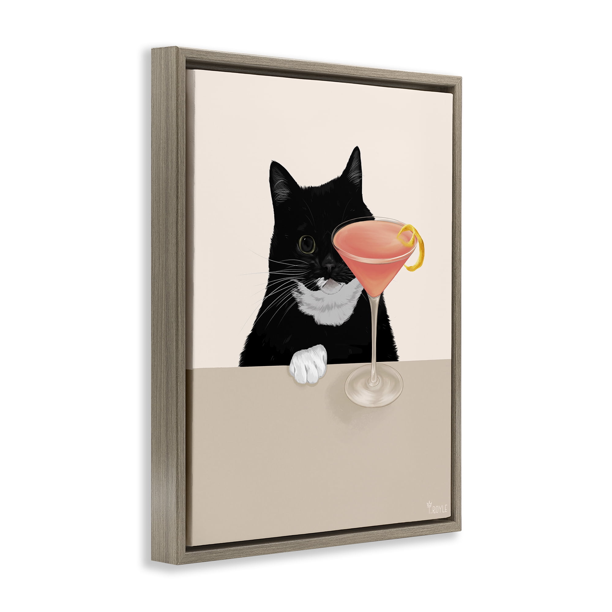 Stupell Industries Cat & Pink Cocktail Food & Beverage Painting Brown Floater Framed Art Print Wall Art, 17 x 21