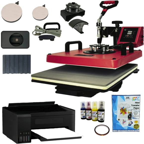 Combo 7 En 1 Ev Technologies Plancha sublimacion color roja con impresora y 150 articulos