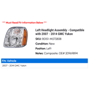 Left Headlight Assembly - Compatible with 2007 - 2014 GMC Yukon 2008 2009 2010 2011 2012 2013