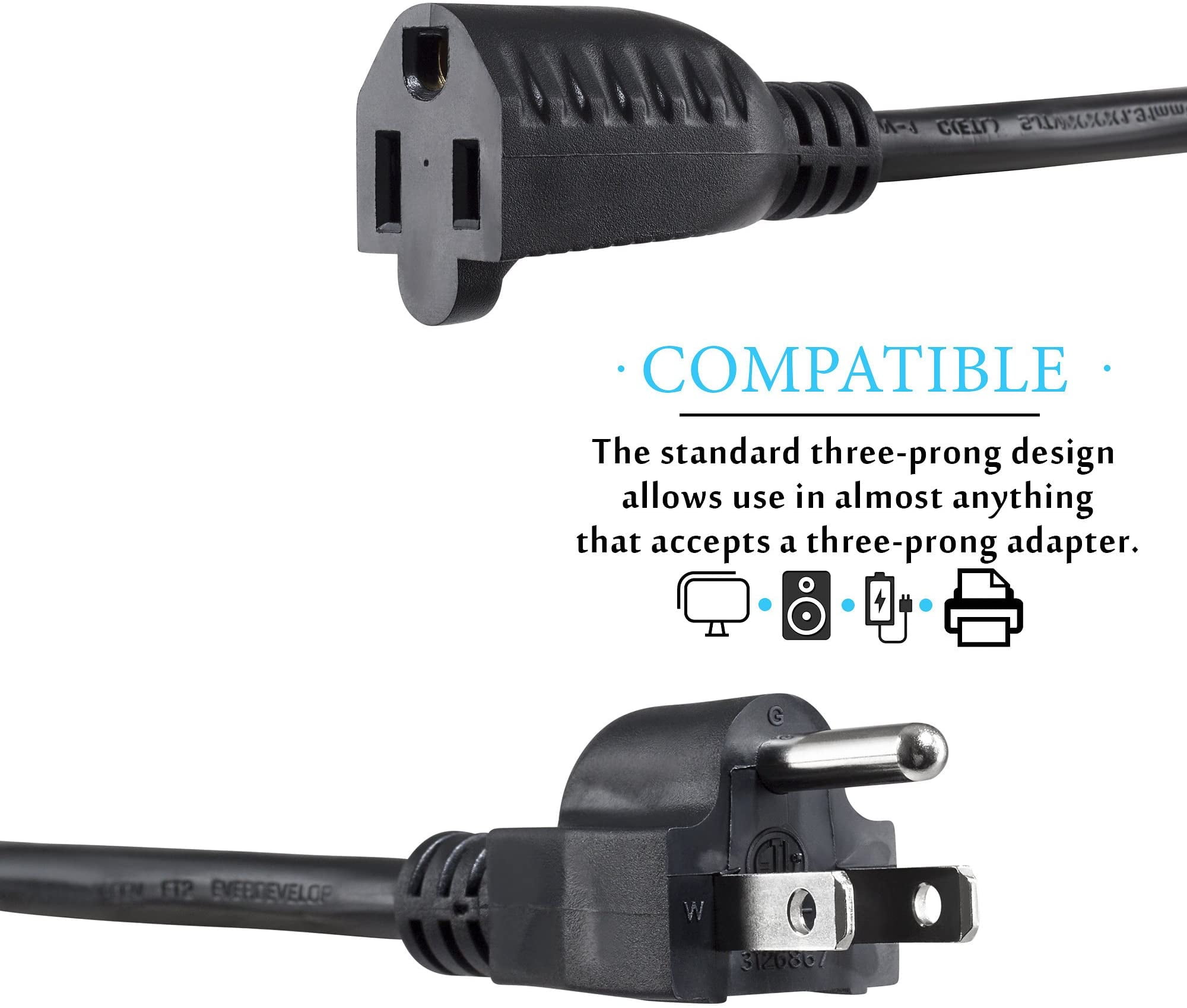 Maximm Cable 4 Ft Power Extension Cord/Wire, Electrical Power Cord 3 Prong Grounded Wire, 16Awg - Black - ETL Listed