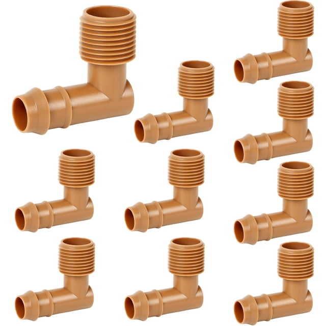 PVC to Drip Irrigation Adapter, 1/2" PVC Male Pipe Thread (MNPT) x 1/2" Drip Irrigation Barbed 90 Degree Elbow Drip Line to Threaded Hose Adapter Fittings (10 Pack) 1/2" MNPT to Barb Elbow